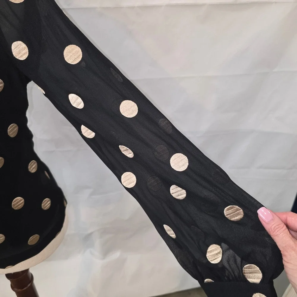 Kate Spade New York Black Gold Metallic Polka Dot Blouse Sheer Sleeve Size 0‎